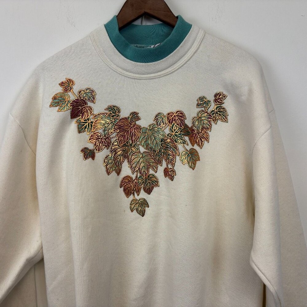Vintage 90s Leaves Crewneck Sweatshirt Womens Size L Metallic Nature Made In USA